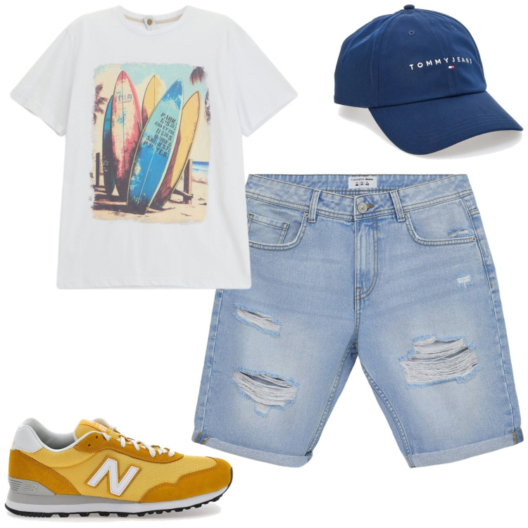 Outfit uomo - Total look #2413238. Stile Casual per Tutti i giorni. Abbinamento con bermuda, t-shirt, sneakers, cappelli con visiera.