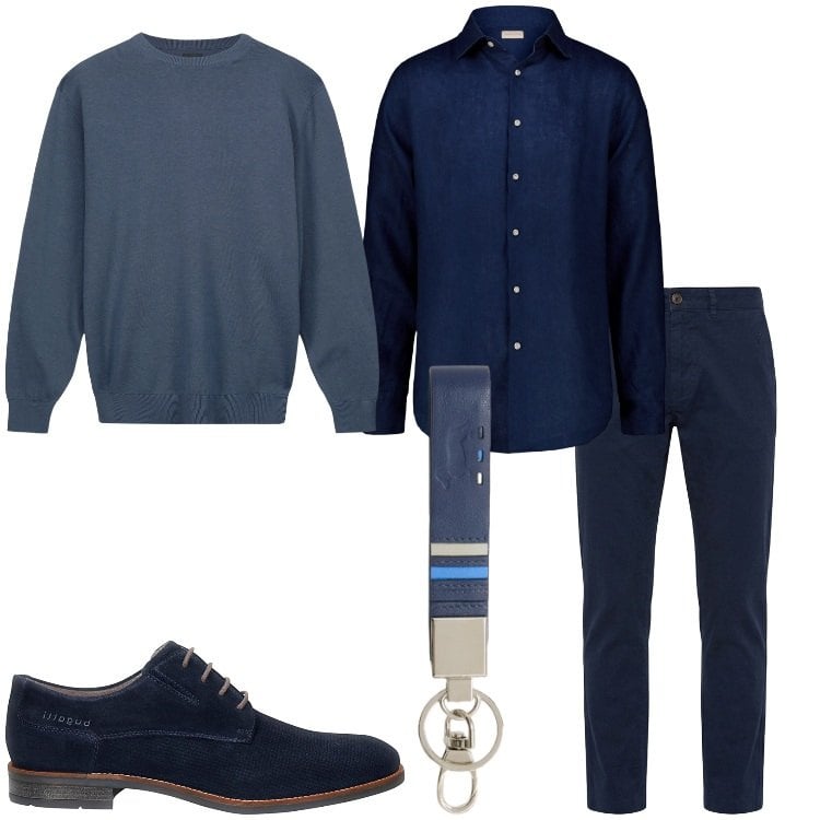 Outfit uomo - Solo blu. Stile Business/Elegante per Serata speciale. Abbinamento con maglieria, camicie, pantaloni, portachiavi, scarpe stringate.
