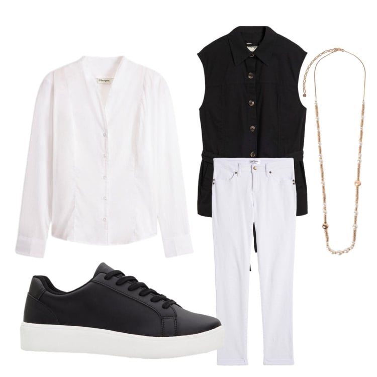 Outfit donna - Spring sporty chic. Stile Sporty chic per Ufficio. Abbinamento con camicie, jeans dritti, gilet, sneakers, collane.