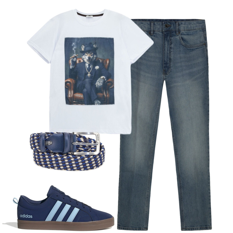 Outfit uomo - Total look #2413262. Stile Casual per Tutti i giorni. Abbinamento con t-shirt, jeans, cinture, sneakers.