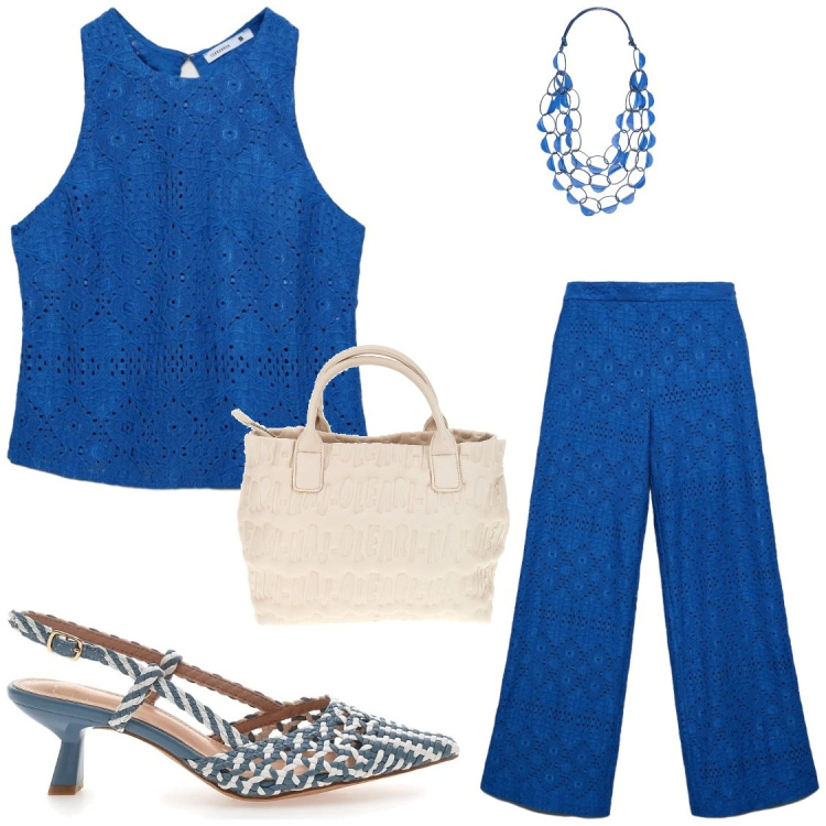Outfit donna - Blu elettrico. Stile Chic per Serata fuori. Abbinamento con pantaloni, top, collane, sandali col tacco, borse a mano.