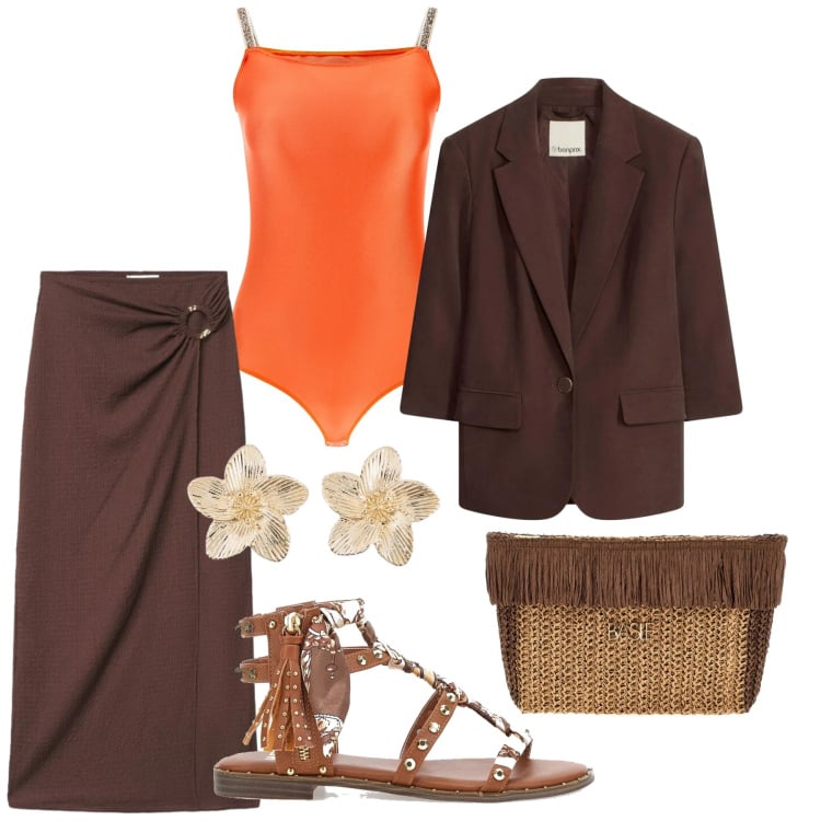 Outfit donna - Total look #2413271. Stile Glamour per Serata fuori. Abbinamento con orecchini, blazer, gonne lunghe, top, sandali, pochette.