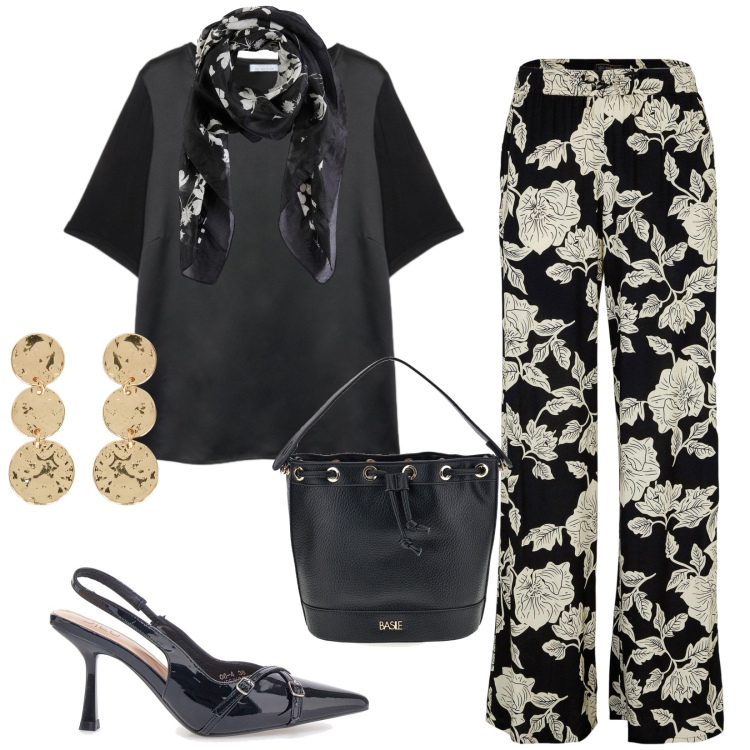 Outfit donna - Total look #2413273. Stile Chic per Ufficio. Abbinamento con pantaloni a palazzo, foulard, t-shirt, orecchini, décolleté, borse a secchiello.