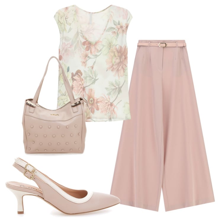 Outfit donna - Total look #2413276. Stile Romantica per Serata fuori. Abbinamento con pantaloni a palazzo, top, décolleté, shopping bag.