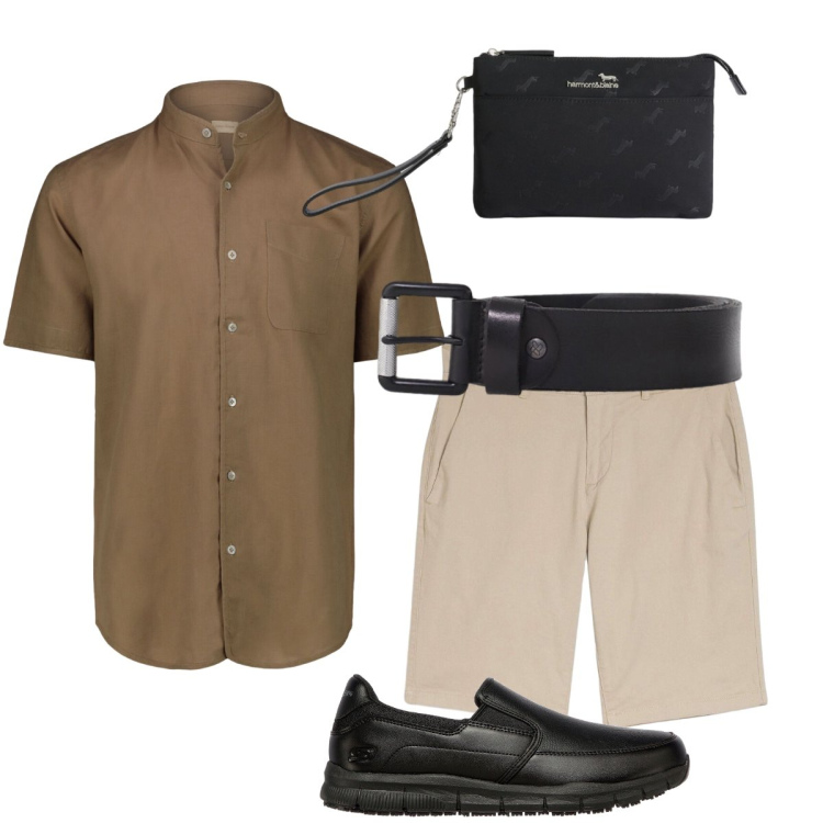Outfit uomo - In città. Stile Urban per Tutti i giorni. Abbinamento con bermuda, cinture, borse sportive, camicie a manica corta, scarpe stringate.