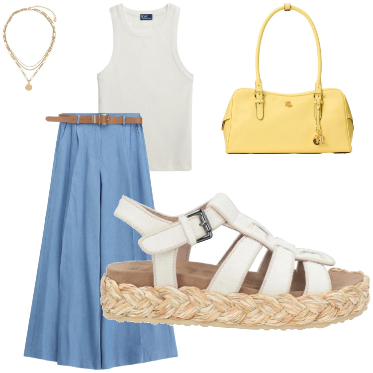 Outfit donna - Il sole di Capri. Stile Casual chic per Tutti i giorni. Abbinamento con espadrillas, jeans, ciondoli, borse a mano, canottiere.