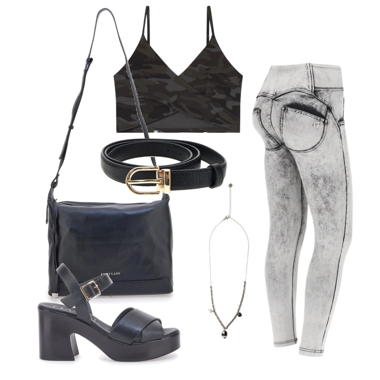 Outfit donna - Giugno. Stile Trendy per Tutti i giorni. Abbinamento con jeans skinny, top, ciondoli, sandali col tacco, borse a tracolla, cinture.