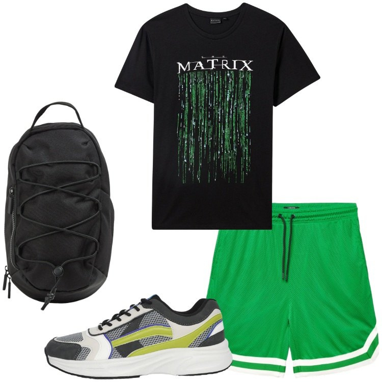 Outfit uomo - Sport. Stile Casual per Sport. Abbinamento con t-shirt, sneakers, borse sportive, bermuda.