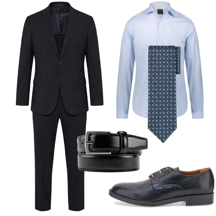 Outfit uomo - Occasione elegante. Stile Business/Elegante per Cerimonia. Abbinamento con abiti, cinture, camicie, cravatte, scarpe stringate.
