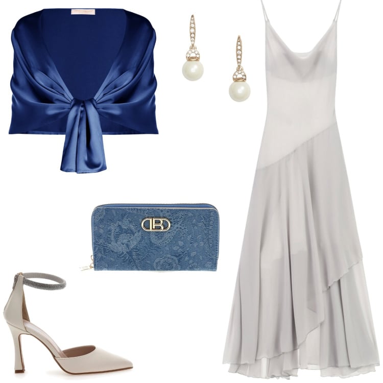 Outfit donna - L\'abito da sera grigio perla. Stile Glamour per Cerimonia. Abbinamento con stole, vestiti lunghi, orecchini, décolleté, portafogli.