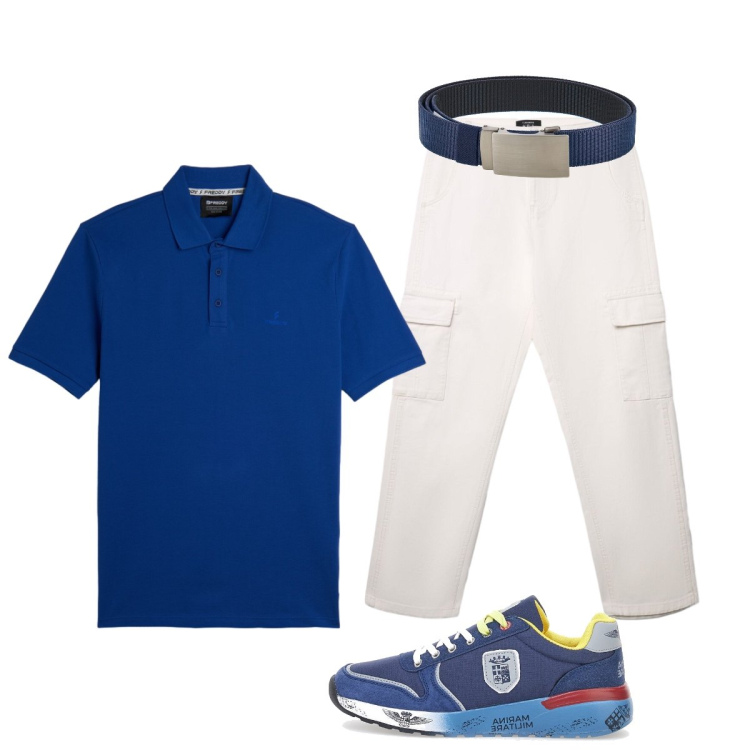 Outfit uomo - Bianco e blu. Stile Casual per Tutti i giorni. Abbinamento con pantaloni cargo, polo, cinture, sneakers.
