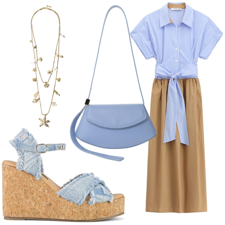 Outfit donna - Total look #2413306. Stile Casual chic per Ufficio. Abbinamento con borse a spalla, collane, vestiti midi/longuette, zeppe.