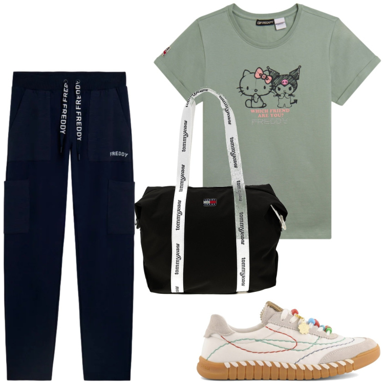 Outfit donna - Un outfit per andare in palestra. Stile Casual per Tutti i giorni. Abbinamento con t-shirt, pantaloni, sneakers, shopping bag.