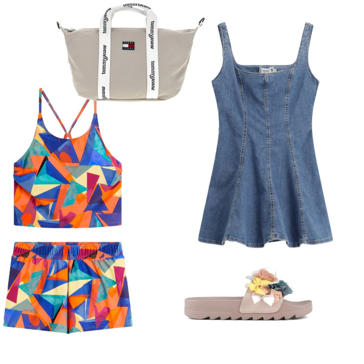 Outfit donna - Color Splash Summer. Stile Boho per Mare. Abbinamento con costumi interi, vestiti corti, ciabatte, shopping bag.