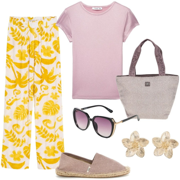 Outfit donna - Giornata rilassata. Stile Casual per Tutti i giorni. Abbinamento con pantaloni, occhiali da sole, orecchini, t-shirt, shopping bag, espadrillas.
