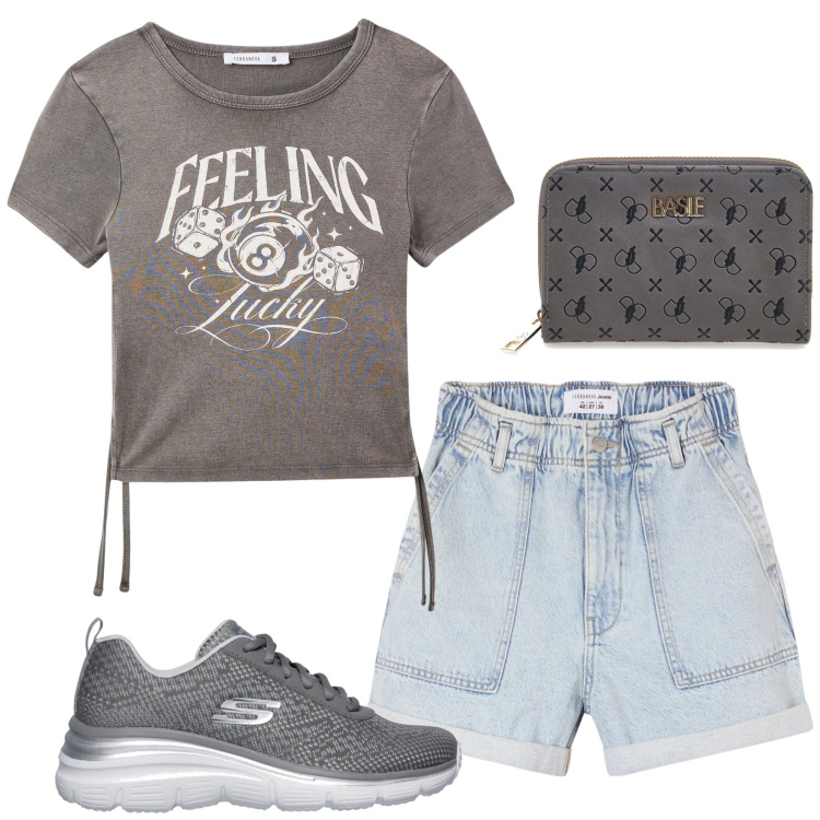 Outfit donna - Total look #2413319. Stile Minimal per Tutti i giorni. Abbinamento con shorts, t-shirt, portafogli, sneakers.