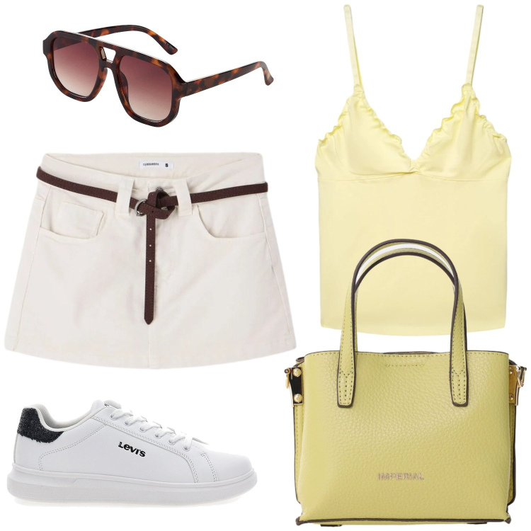 Outfit donna - Bentornata estate. Stile Minimal per Tutti i giorni. Abbinamento con occhiali da sole, canottiere, minigonne, borse a tracolla, sneakers.