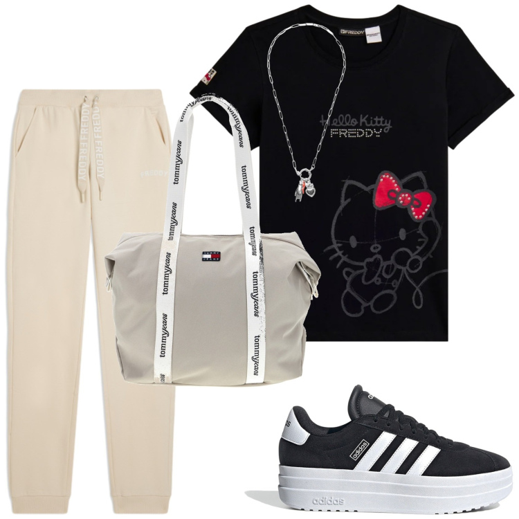 Outfit donna - Un outfit per la palestra. Stile Casual per Tutti i giorni. Abbinamento con t-shirt, pantaloni, ciondoli, sneakers, shopping bag.
