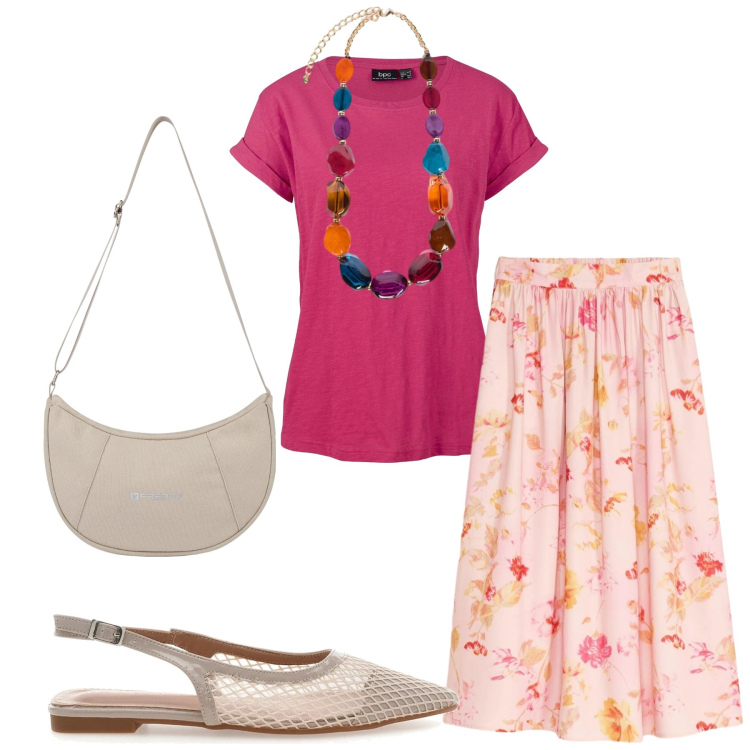 Outfit donna - Total look #2413324. Stile Romantica per Tutti i giorni. Abbinamento con t-shirt, gonne lunghe, borse a spalla, collane, ballerine.
