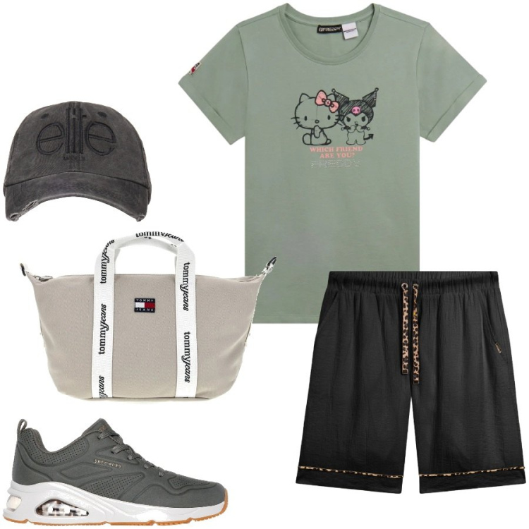 Outfit donna - Summer Energy. Stile Sporty chic per Tutti i giorni. Abbinamento con pantaloni corti, t-shirt, cappelli, shopping bag, sneakers.