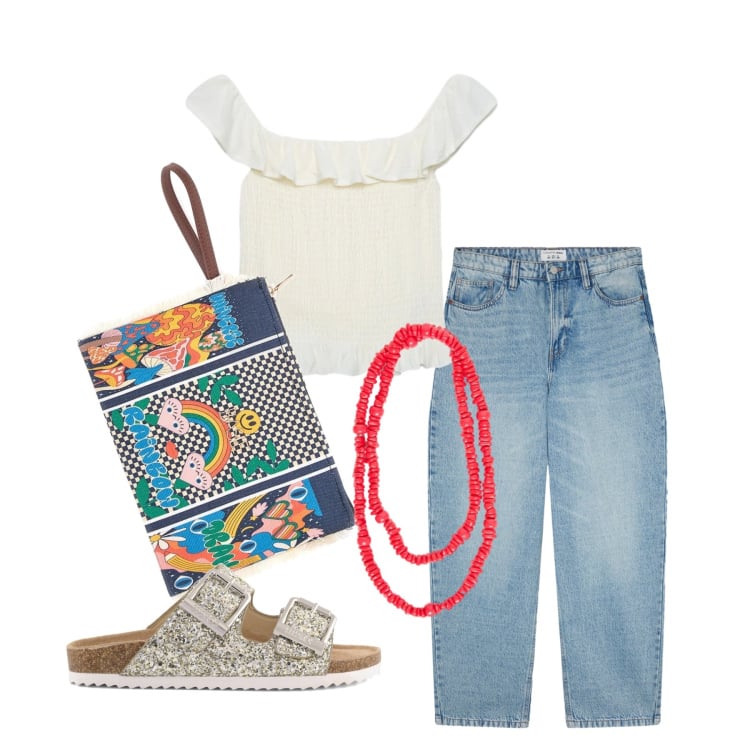 Outfit donna - Giugno. Stile Basic per Tutti i giorni. Abbinamento con top, jeans, collane, pochette, sandali.