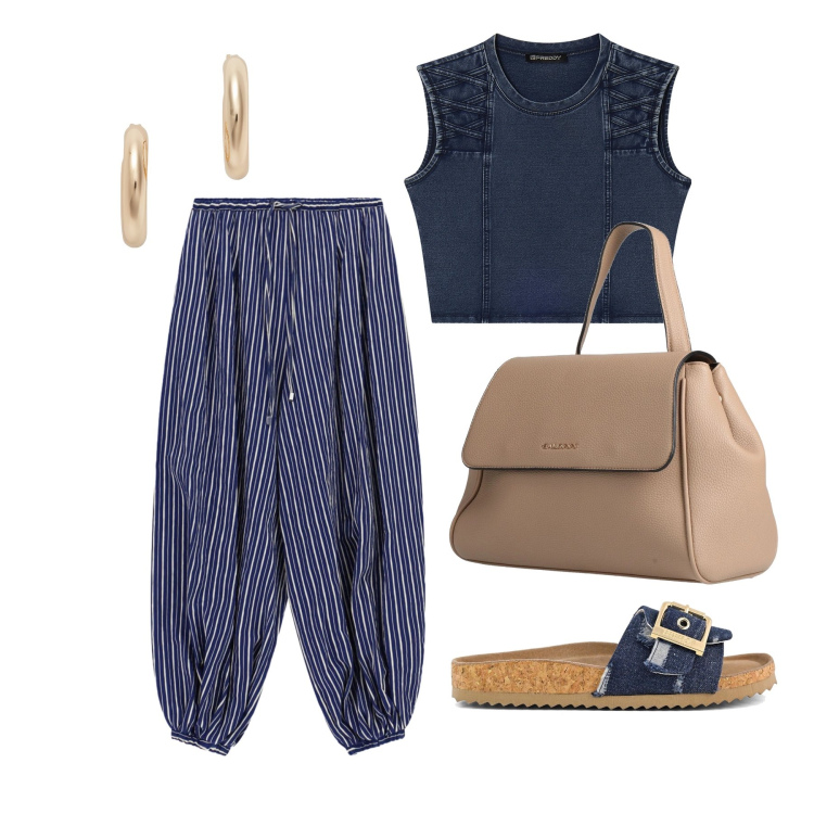 Outfit donna - Giugno. Stile Casual per Tutti i giorni. Abbinamento con zaini, pantaloni a palazzo, top, orecchini, sandali.
