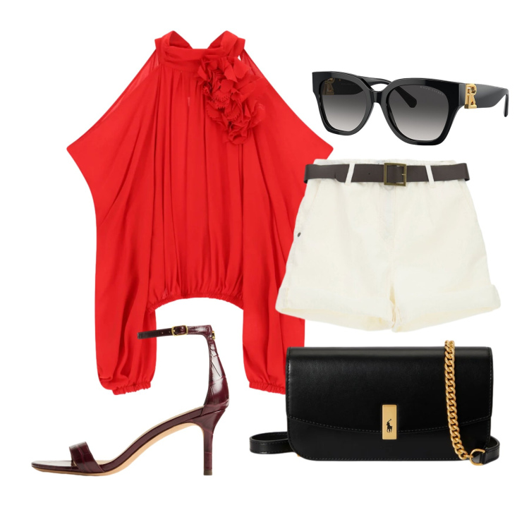 Outfit donna - Giugno. Stile Casual chic per Tutti i giorni. Abbinamento con top, shorts, sandali in pelle, occhiali da sole, clutch.