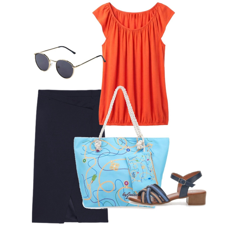 Outfit donna - Giugno. Stile Bon Ton per Tutti i giorni. Abbinamento con top, occhiali da sole, gonne longuette, sandali col tacco, shopping bag.