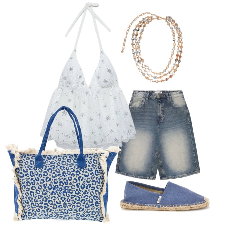 Outfit donna - Giugno. Stile Trendy per Mare. Abbinamento con top, pantaloni corti, collane, espadrillas, shopping bag.
