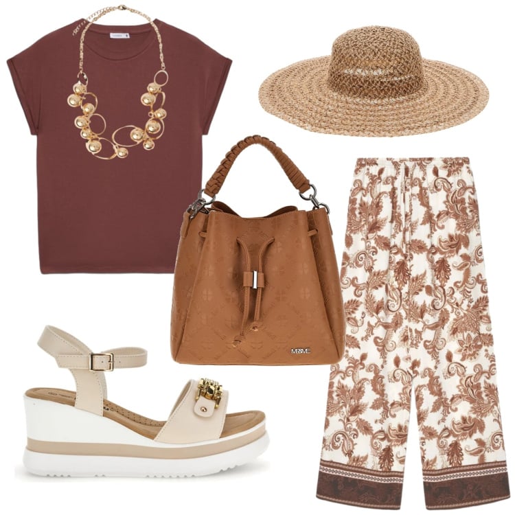Outfit donna - Total look #2413337. Stile Minimal per Tutti i giorni. Abbinamento con pantaloni, t-shirt, collane, zeppe, borse a tracolla, cappelli.