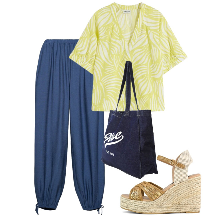 Outfit donna - Giugno. Stile Bon Ton per Tutti i giorni. Abbinamento con camicie a manica corta, pantaloni, shopping bag, zeppe.