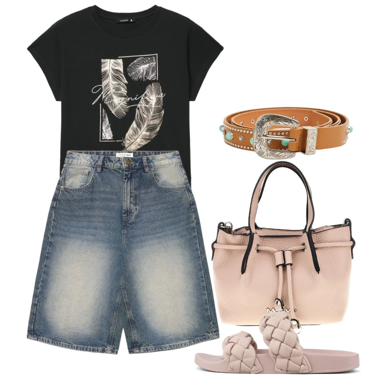 Outfit donna - Giugno. Stile Casual per Tutti i giorni. Abbinamento con pantaloni corti, cinture, t-shirt, ciabatte, borse a spalla.