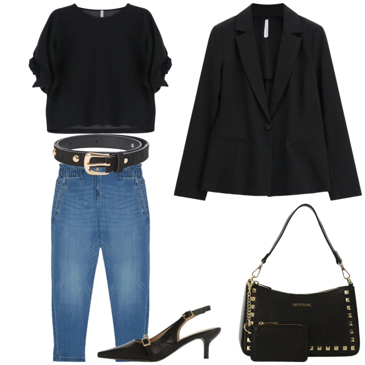Outfit donna - Because the night. per Serata fuori. Abbinamento con cinture, sandali col tacco, borse a spalla, bluse, blazer, jeans.