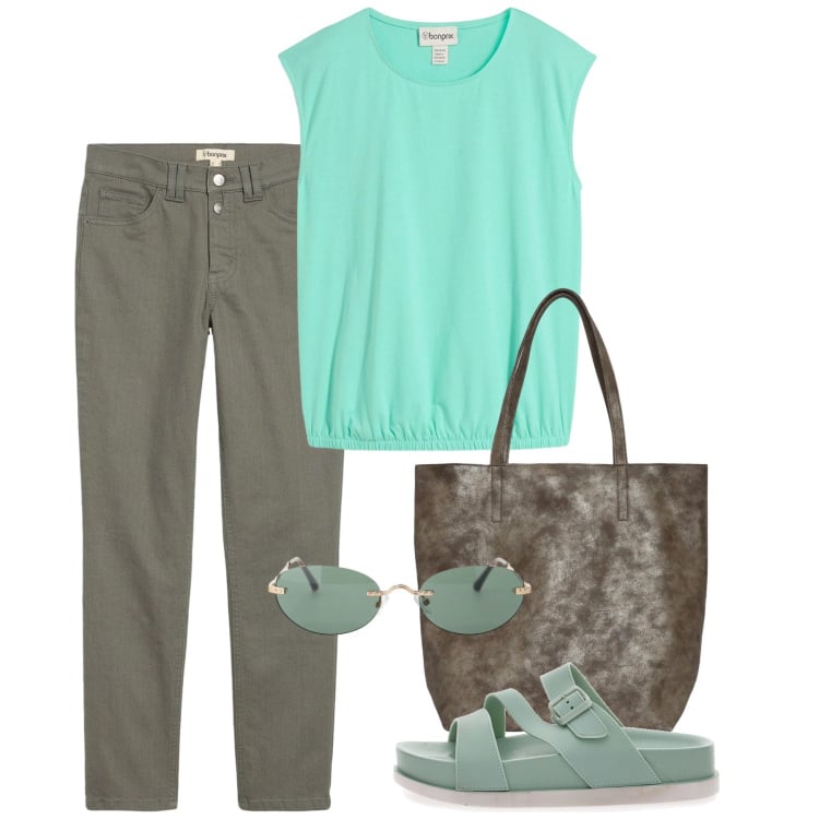 Outfit donna - Seafoam Blue. Stile Casual per Tutti i giorni. Abbinamento con pantaloni, maglieria, shopping bag, occhiali da sole, ciabatte.