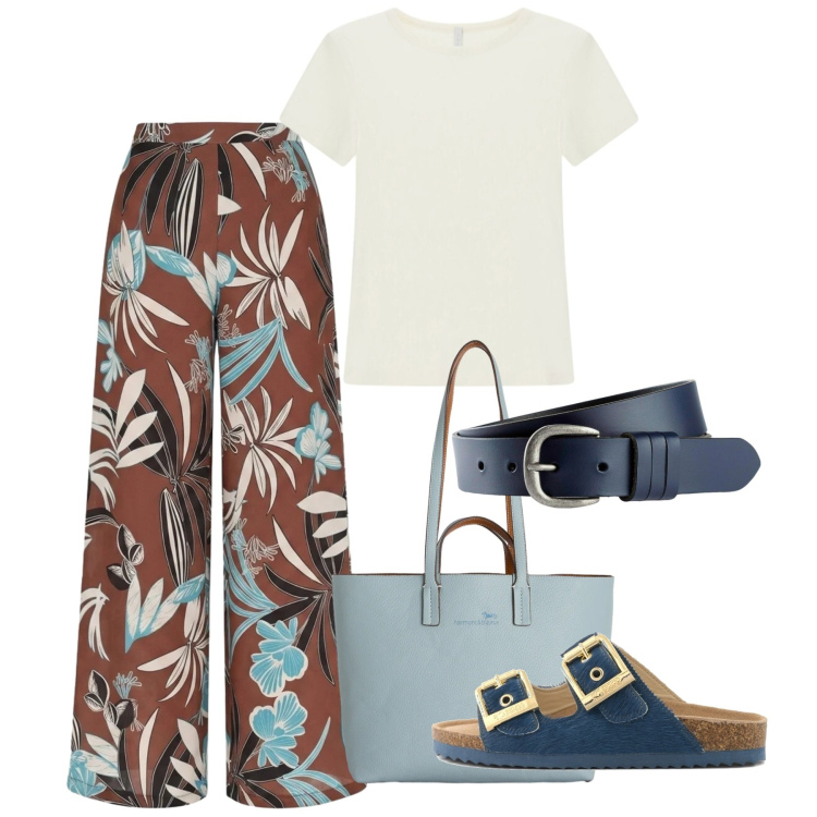 Outfit donna - City Summer Mood. Stile Casual per Tutti i giorni. Abbinamento con cinture, pantaloni a palazzo, t-shirt, shopping bag, sandali in pelle.