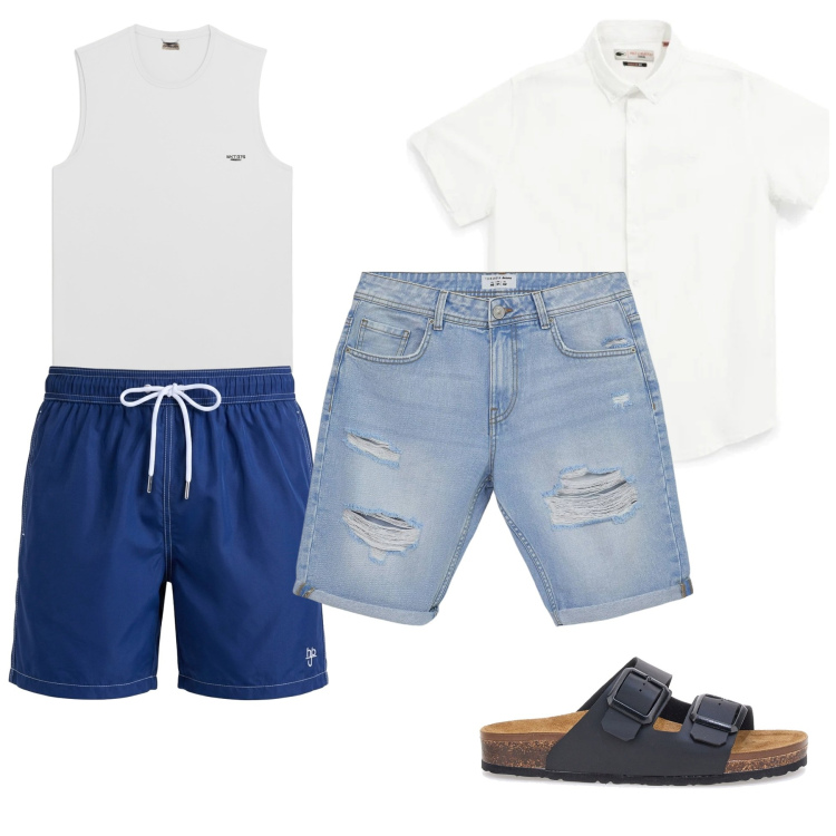 Outfit uomo - Weekend in Riviera. Stile Urban per Mare. Abbinamento con bermuda, costumi, canottiere, camicie a manica corta, sandali.