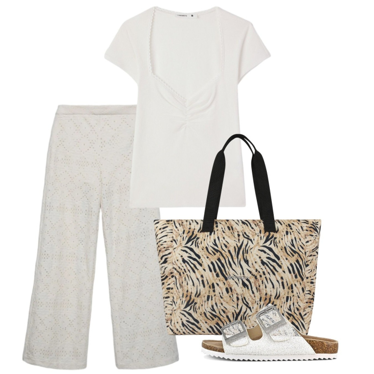 Outfit donna - Giugno bianco. Stile Casual per Tutti i giorni. Abbinamento con pantaloni, t-shirt, shopping bag, sandali.