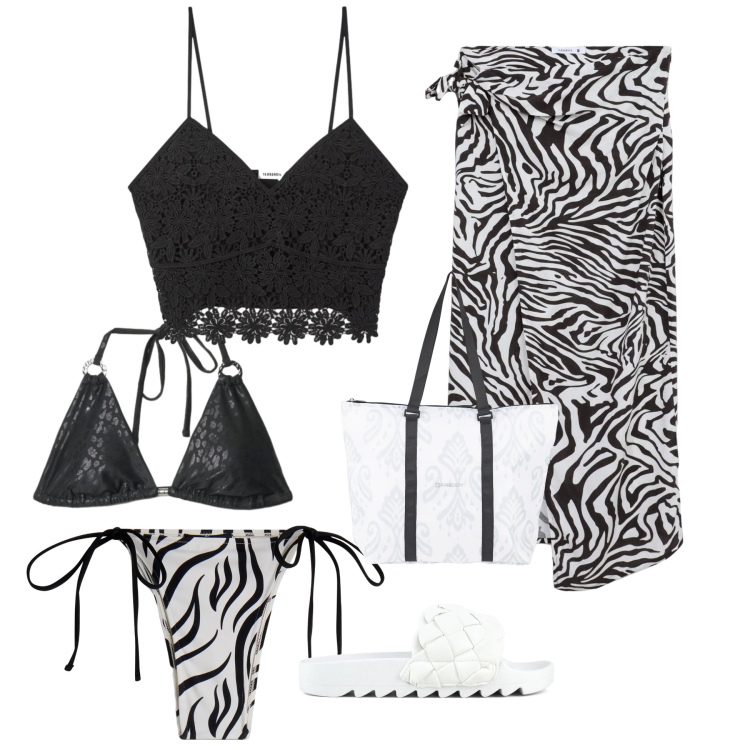 Outfit donna - Wild Chic Summer. Stile Glamour per Mare. Abbinamento con vestiti da spiaggia, top, bikini, shopping bag, bikini, ciabatte.