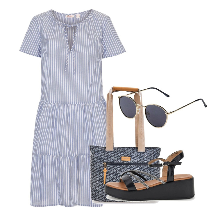 Outfit donna - Giugno. Stile Bon Ton per Tutti i giorni. Abbinamento con vestiti, occhiali da sole, borse a spalla, sandali.