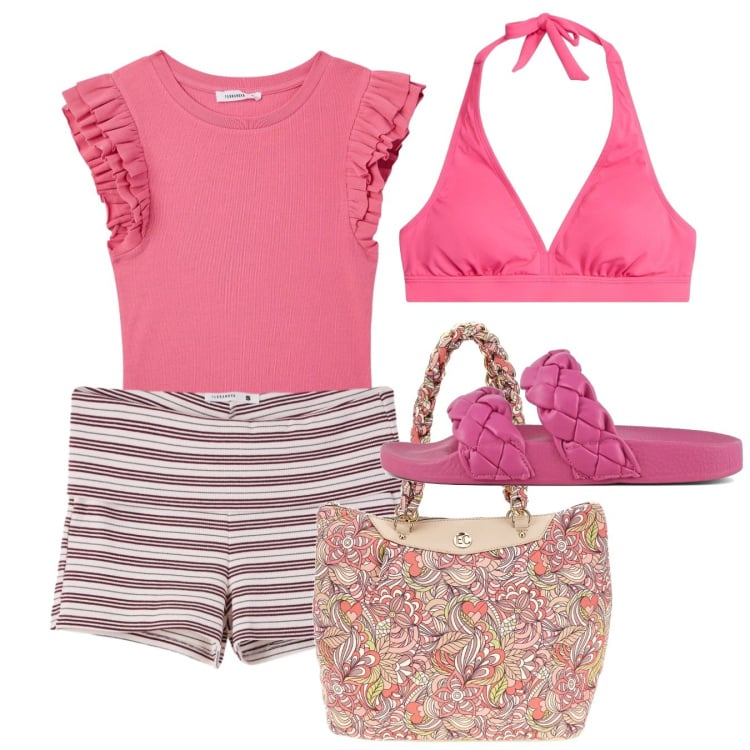 Outfit donna - Giugno in rosa. Stile Bon Ton per Mare. Abbinamento con bikini, t-shirt, shorts, ciabatte, borse a spalla.