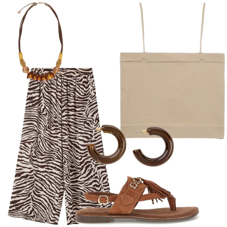 Outfit donna - Etnico. Stile Chic per Serata fuori. Abbinamento con orecchini, top, pantaloni, collane, sandali.