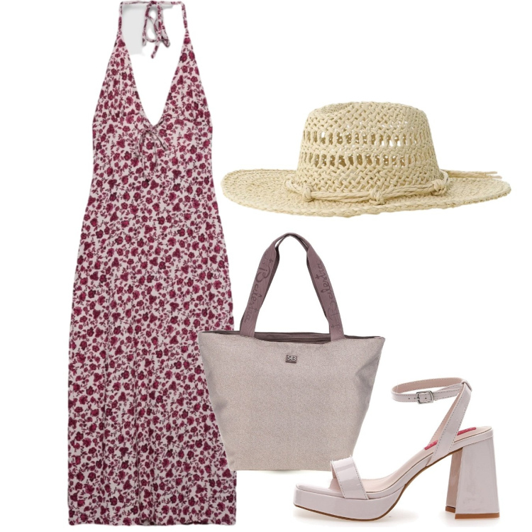 Outfit donna - Giugno a fiorellini. Stile Chic per Tutti i giorni. Abbinamento con vestiti midi/longuette, cappelli, sandali col tacco, shopping bag.