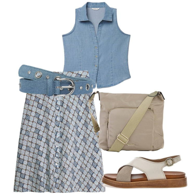 Outfit donna - Giugno. Stile Bon Ton per Ufficio. Abbinamento con gonne, borse a tracolla, cinture, camicie a manica corta, sandali.