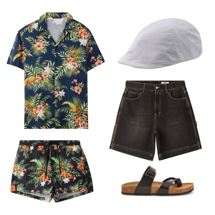 Outfit uomo - Aloha Summer Vibes. Stile Trendy per Mare. Abbinamento con camicie a manica corta, costumi, bermuda, cappelli con visiera, sandali.