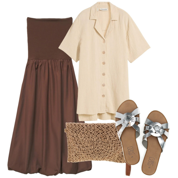 Outfit donna - Giugno cacao. Stile Bon Ton per Tutti i giorni. Abbinamento con camicie a manica corta, vestiti midi/longuette, ciabatte, borse a tracolla.