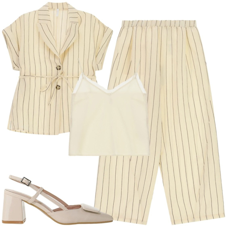 Outfit donna - Capo di me stessa. Stile Chic per Ufficio. Abbinamento con décolleté, pantaloni a palazzo, blazer, canottiere.