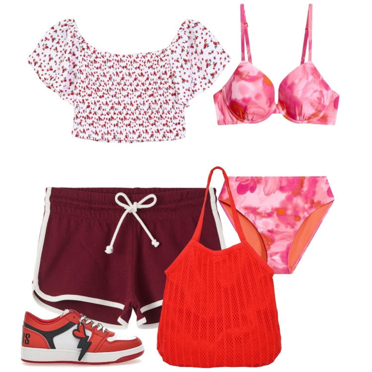 Outfit donna - Giugno anguria. Stile Casual per Mare. Abbinamento con bikini, shopping bag, bluse, shorts, sneakers.