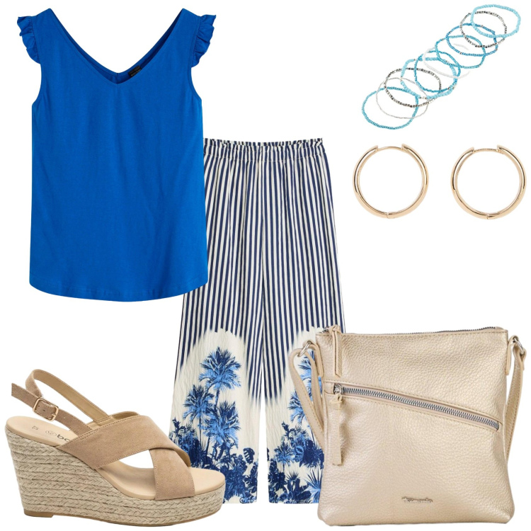 Outfit donna - Mi vesto comoda. Stile Glamour per Tutti i giorni. Abbinamento con pantaloni a palazzo, top, sandali col tacco, braccialetti, orecchini, borse a tracolla.