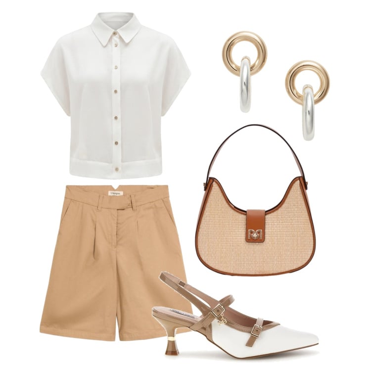 Outfit donna - Aperitivo informale. Stile Casual chic per Tutti i giorni. Abbinamento con bermuda, borse a spalla, camicie a manica corta, orecchini, décolleté.