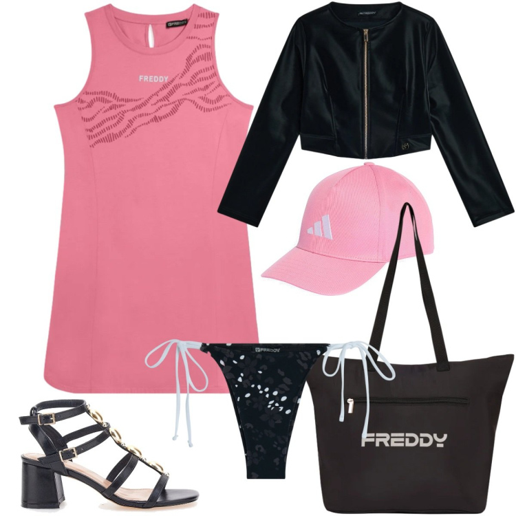 Outfit donna - Summer Energy. Stile Sporty chic per Tutti i giorni. Abbinamento con shopping bag, bikini, blazer, vestiti corti, sandali gioiello, cappelli con visiera.